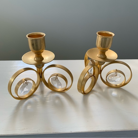 Vintage America Other - Brass scroll gold faux crystal dangle French colonial candle holder set tapers